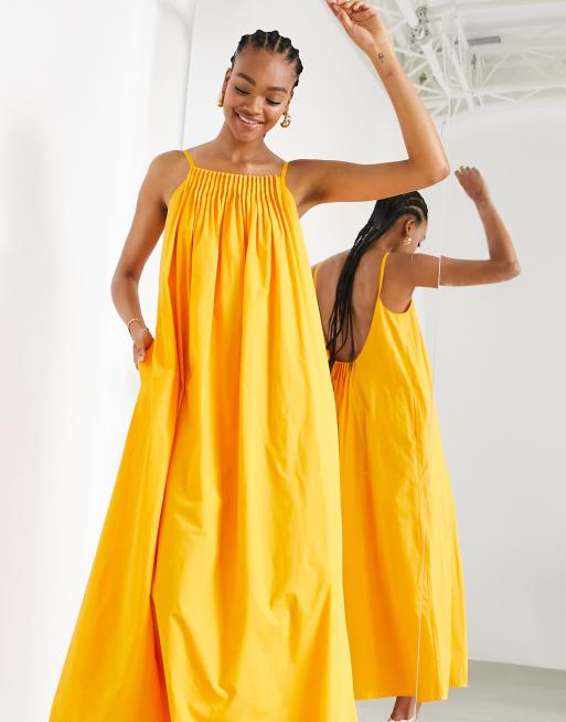 ASOS EDITION cotton trapeze maxi dress with pleat neck in orange