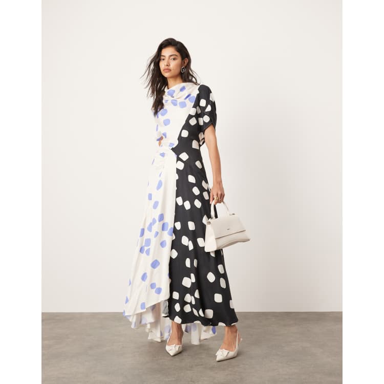 ASOS EDITION cowl neck midi dress with asymmetric hem in color block spot |  ASOS