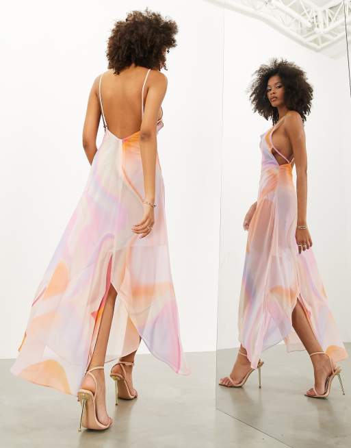 Shape Blue Tie Dye Chiffon Drape Maxi Dress