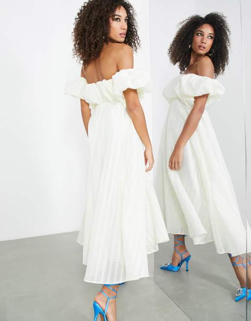 ASOS EDITION - Cremefarvet midikjole med offshoulder-pufærmer, 2 af 4