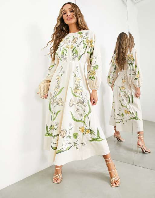 ASOS EDITION - Cremefarvet midikjole med stort broderet blomstermønster og bladmønster, 3 af 4