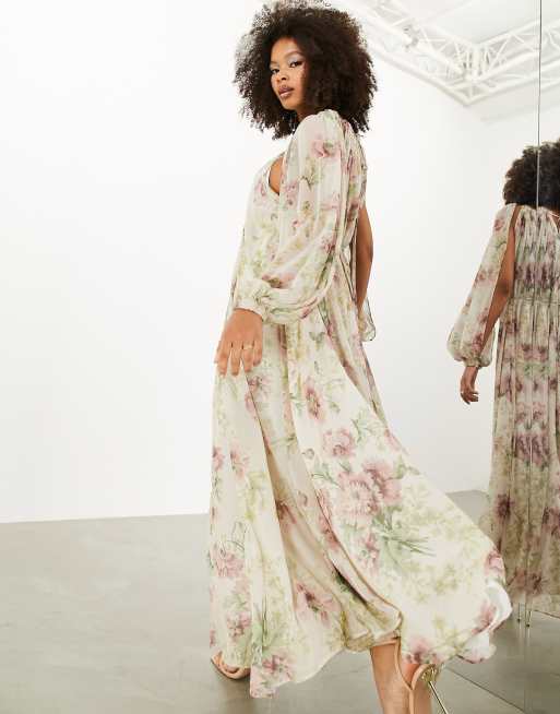 ASOS EDITION - Cremehvid maxikjole med ærmeslidser og vintage-blomstermønster i chiffon, 2 af 4