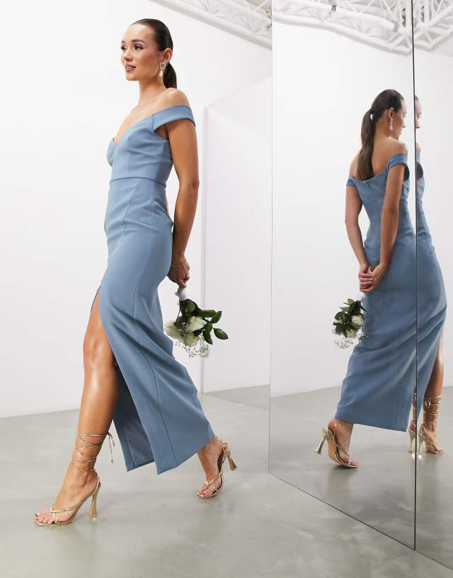 ASOS EDITION crepe bardot column maxi dress with split in dusky blue