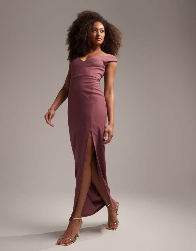 ASOS EDITION crepe bardot column maxi dress with split in orchid