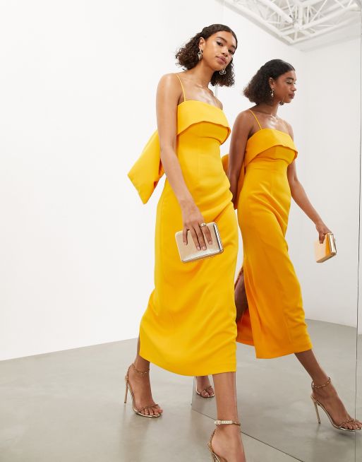 ASOS EDITION crepe column midi dress with bow detail in marigold