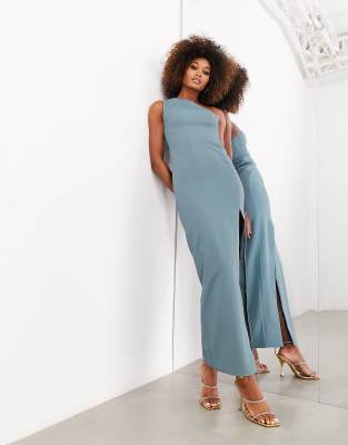 Asos Design Crepe One Shoulder Column Maxi Dress With Split In Dusky Blue