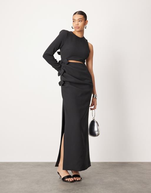 ASOS EDITION crepe one sleeve bow detail maxi dress in black ASOS