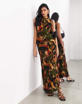 crinkle high neck sleeveless maxi dress in smudge print-Multi