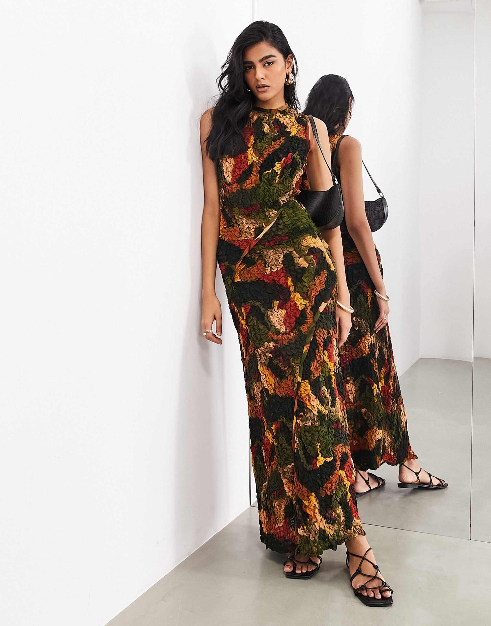 asos edition crinkle high neck sleeveless maxi dress in smudge print