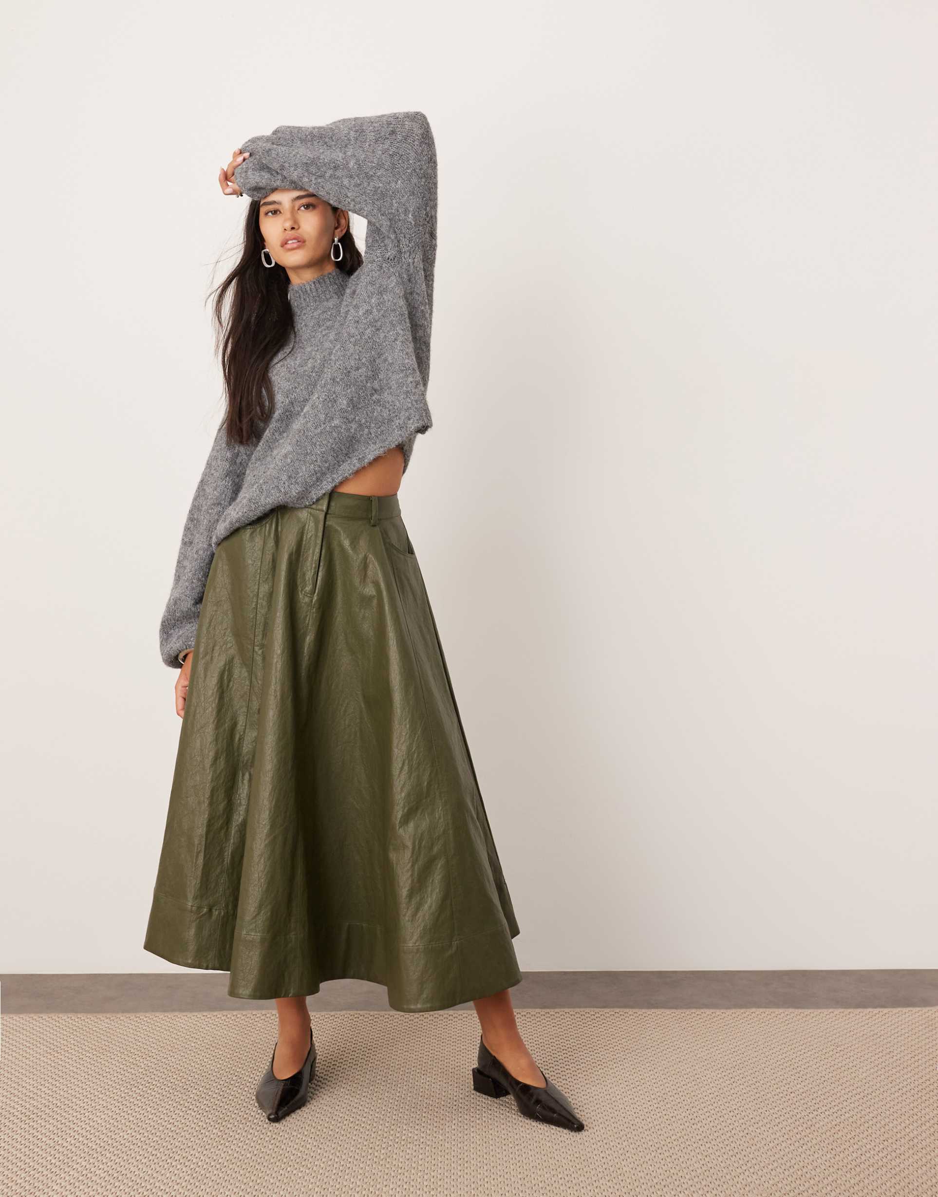 asos edition crinkle pu full midi skirt in khaki green