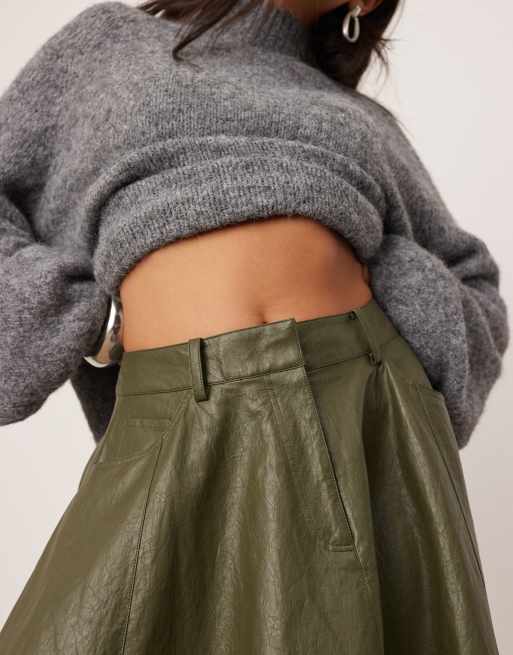 ASOS EDITION crinkle PU full midi skirt in khaki green, 4 of 5