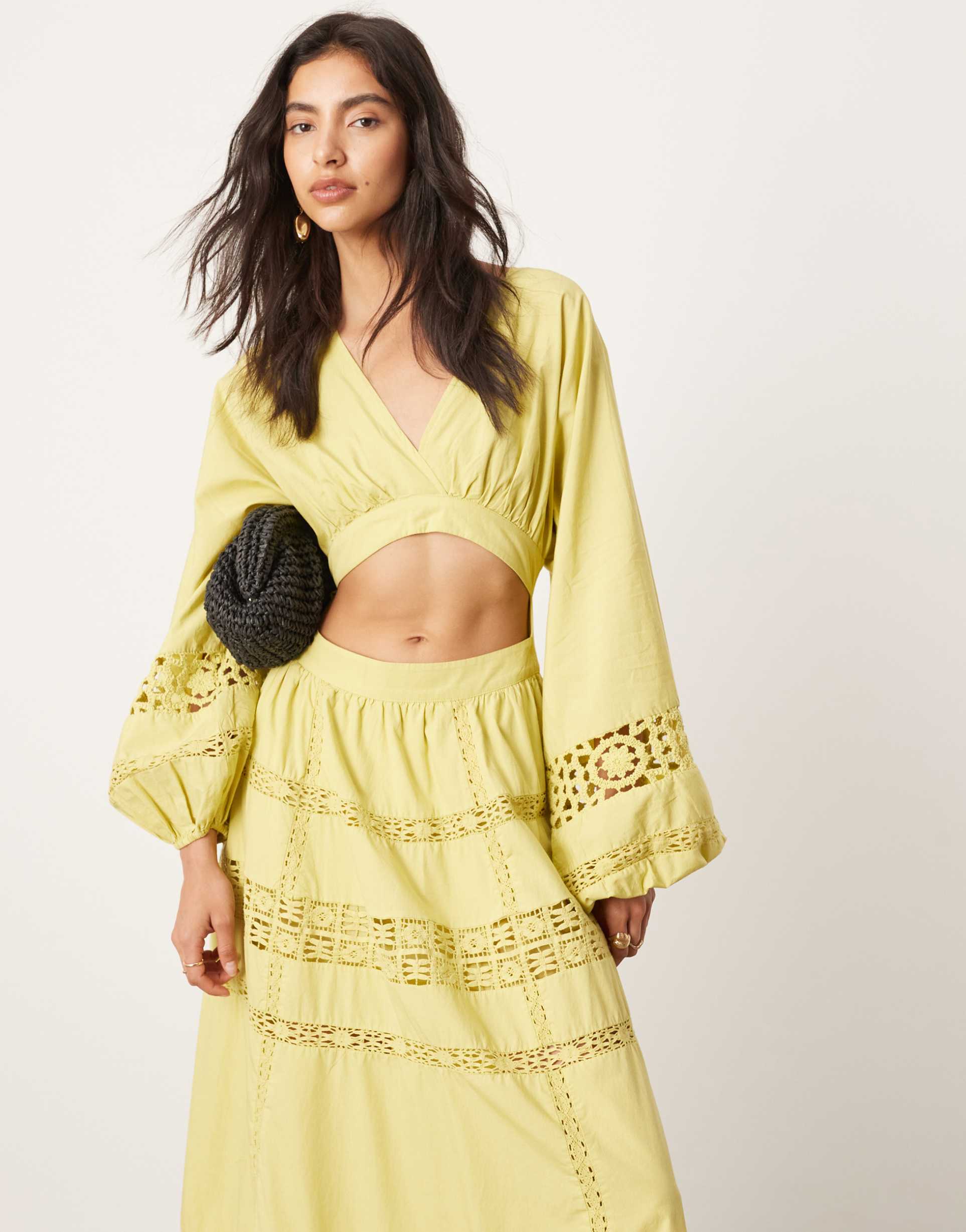 asos edition crochet trim cut out waist midi dress with balloon sleeve in green