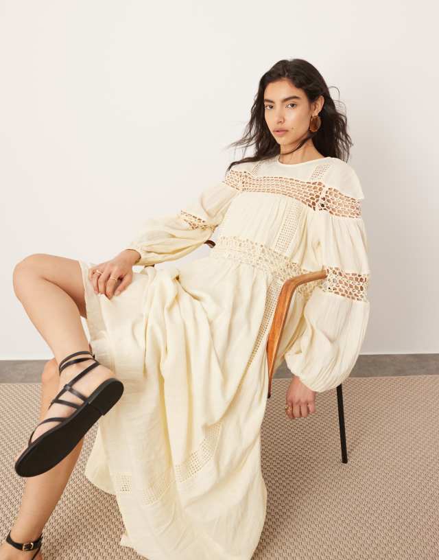 ASOS EDITION - crochet trim drop waist blouson sleeve trapeze maxi dress in buttermilk