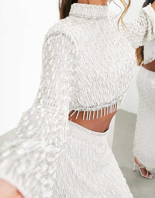 ASOS EDITION - Crop top orné de perles à col montant - Blanc, 3 de 4