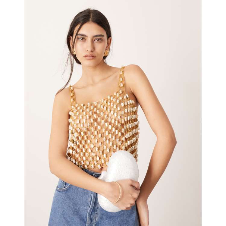 Top Donna Con Frange Di Strass | Canotta Crop Top Sexy Scollo A U, Vestibilità Slim, Per Feste E Serate