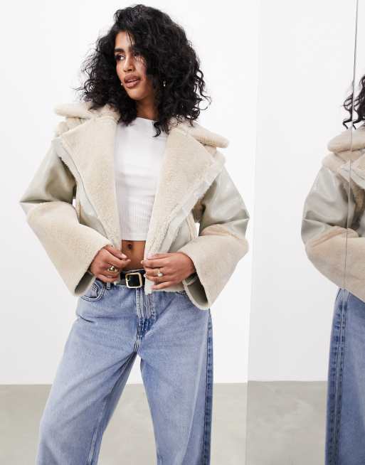 ASOS EDITION cropped hi shine borg lined coat in cream