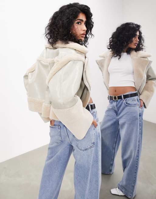 Cream borg store cropped trucker jacket