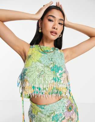 ASOS Edition - Cropped-Top mit leuchtendem Blumenprint, Paillettenbesatz und Fransen-Bunt