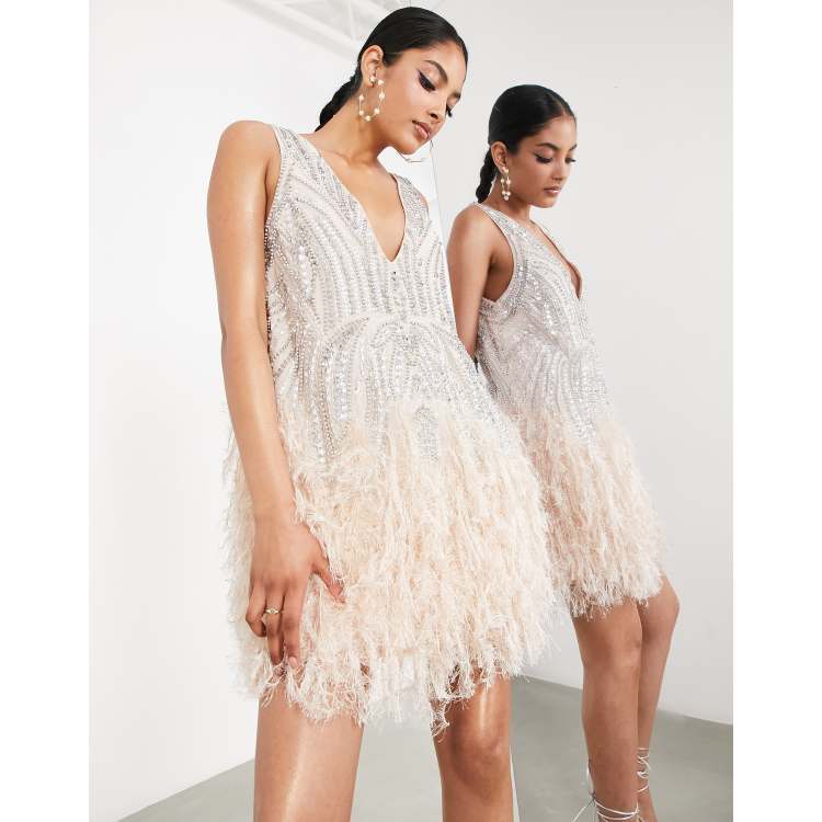 ASOS EDITION crystal and bead mini dress with faux feather hem in blush