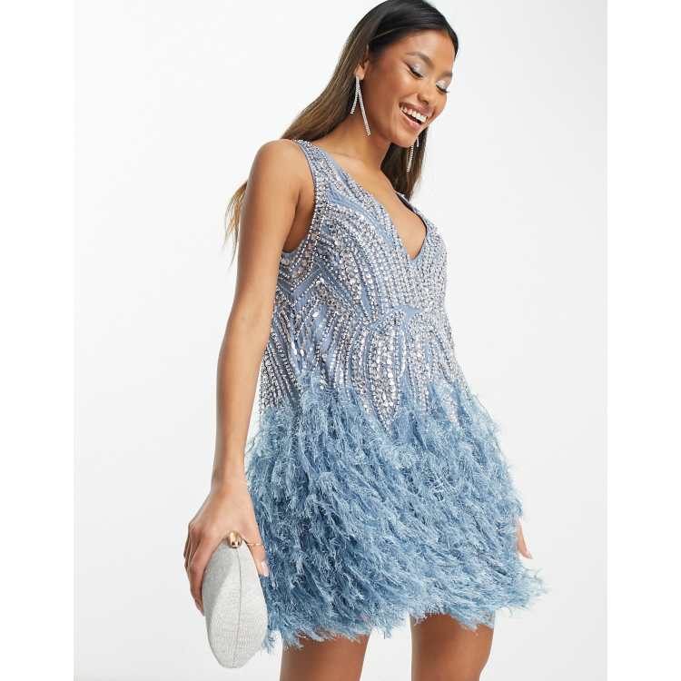 ASOS EDITION crystal and bead mini dress with faux feather hem in  cornflower blue | ASOS