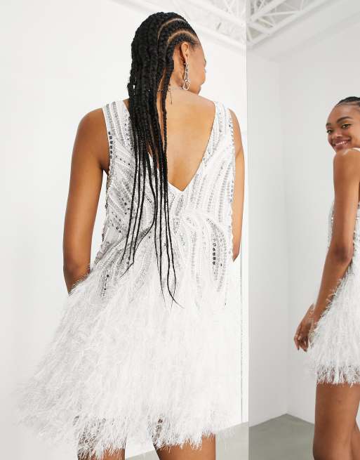 ASOS LUXE all over faux feather mini dress with embellishment and oversized  bow in white