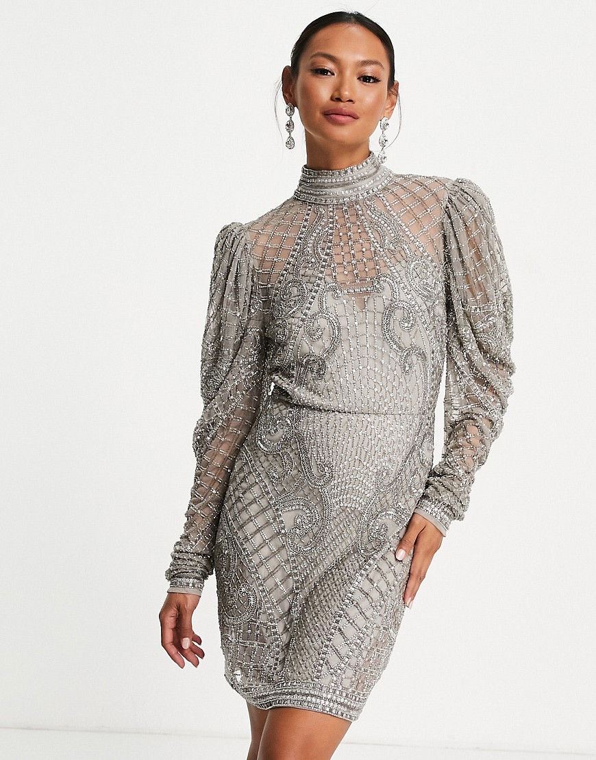 ASOS EDITION crystal beaded mini dress with blouson sleeve in pale gray-Grey