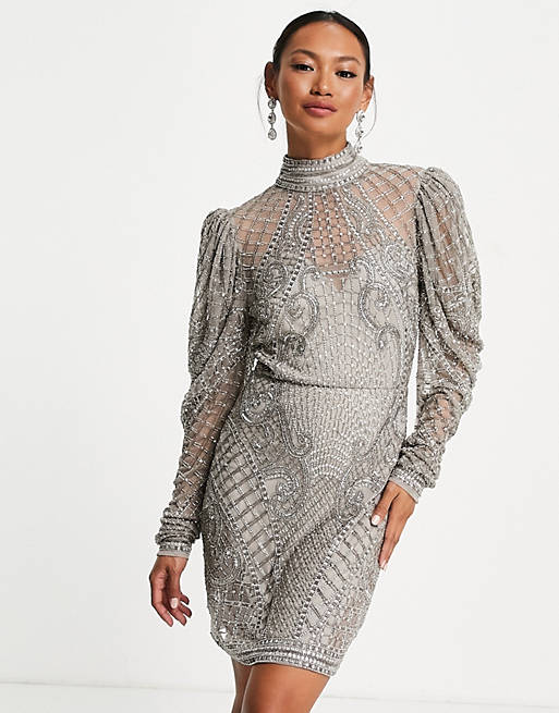 Designer Brands crystal beaded mini dress with blouson sleeve in pale grey 