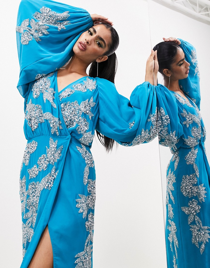 ASOS EDITION crystal floral embellished midi wrap dress in blue