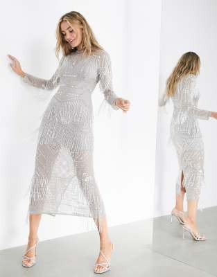 ASOS EDITION crystal fringe midi dress-Grey