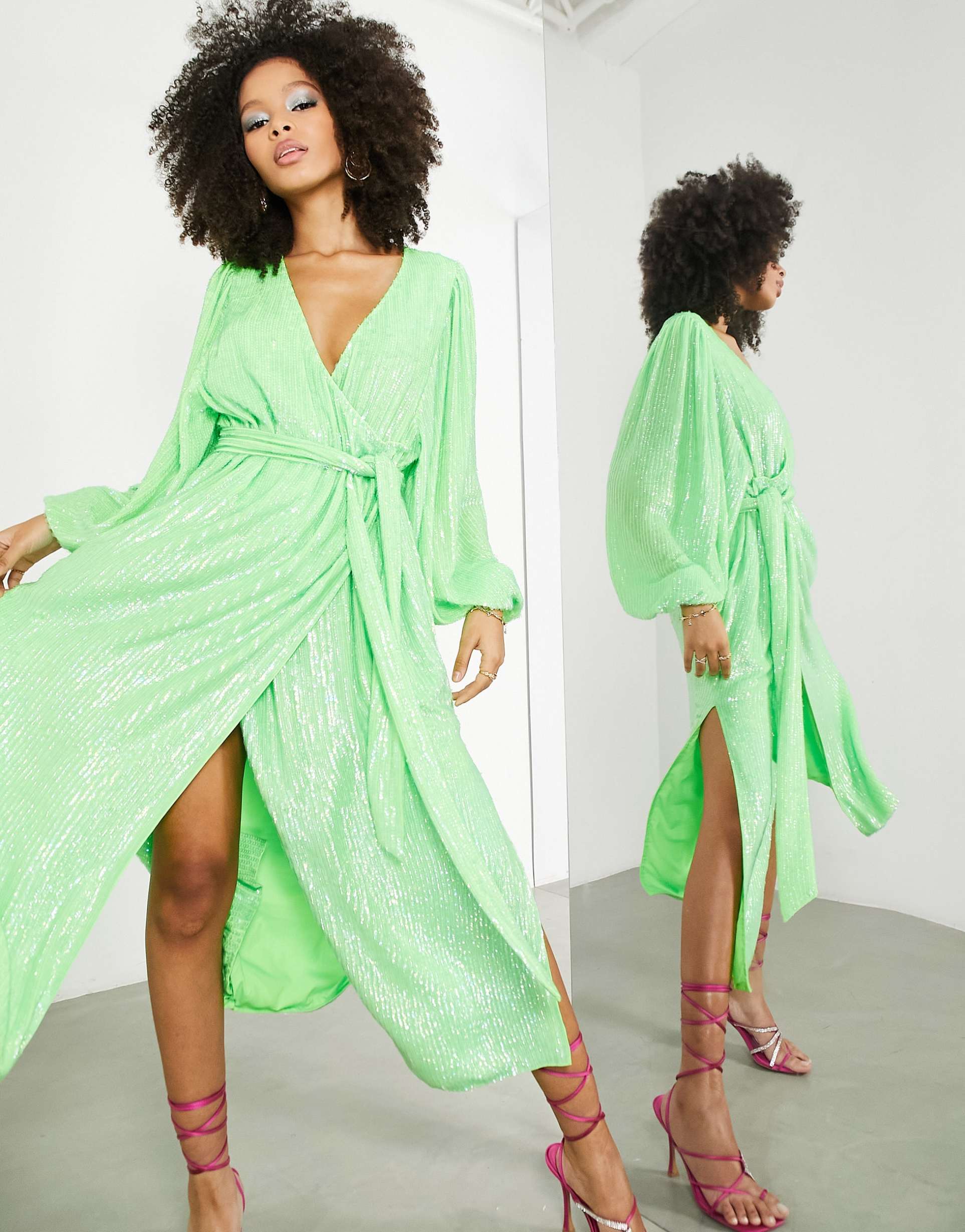 asos edition crystal sequin wrap midi dress with blouson sleeve in lime green