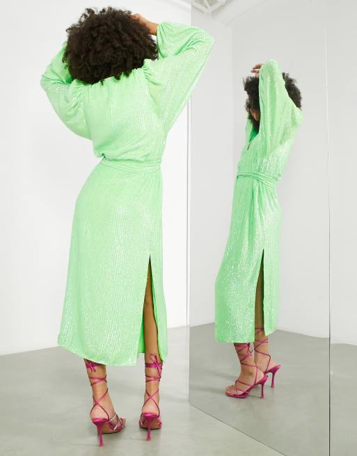 ASOS EDITION crystal sequin wrap midi dress with blouson sleeve in lime green