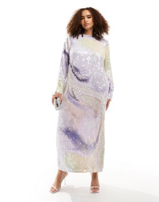 ASOS EDITION curve all over sequin long sleeve maxi dress in pastel abstract print