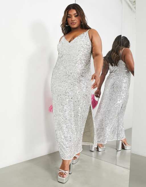 ASOS EDITION Curve all over sequin cami midi dress in silver