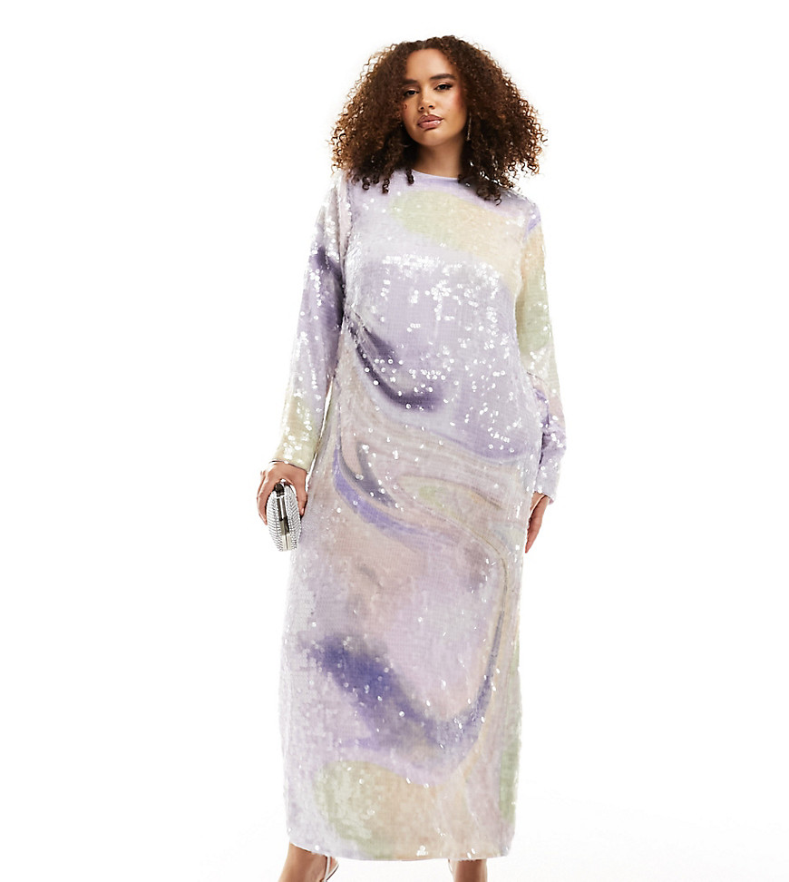 Curve all over sequin long sleeve maxi dress in pastel abstract print-Multi