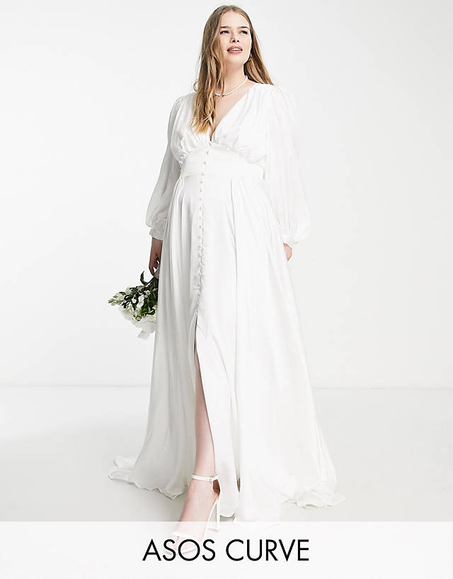 ASOS EDITION Curve Alyssa satin wedding dress with blouson sleeve and button front