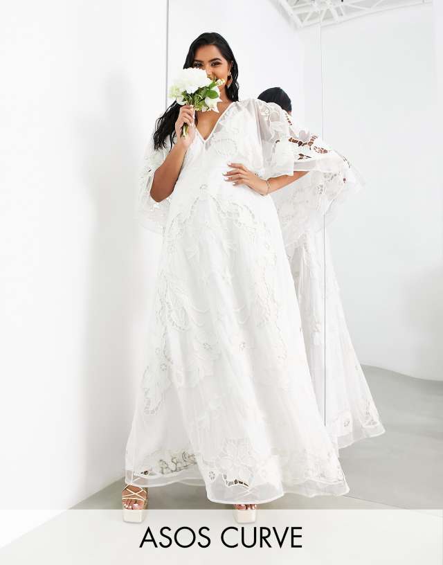 ASOS EDITION Curve Amelia cutwork embroidered wedding dress with kimono sleeve