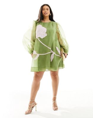 Asos Design Curve Applique Floral Volume Sleeve A-line Mini Dress In Khaki-green