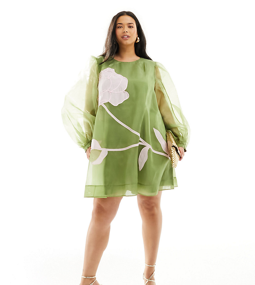 Asos Design Curve Applique Floral Volume Sleeve A-line Mini Dress In Khaki-green