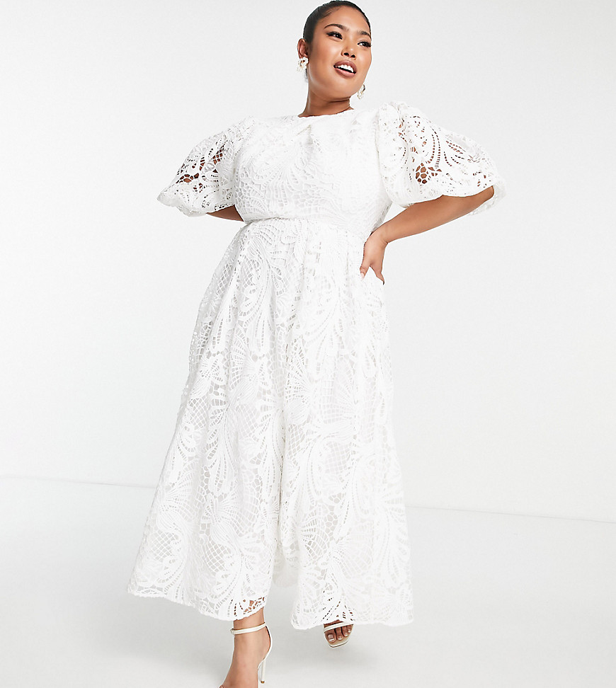 ASOS EDITION Curve Avery lace cutwork embroidered midi wedding dress-White