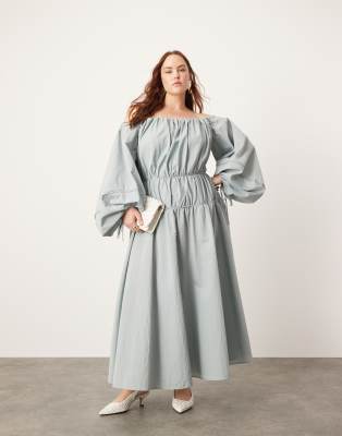 ASOS EDITION ASOS EDITION Curve bardot pleat detail maxi dress with balloon sleeves in blue-Orange