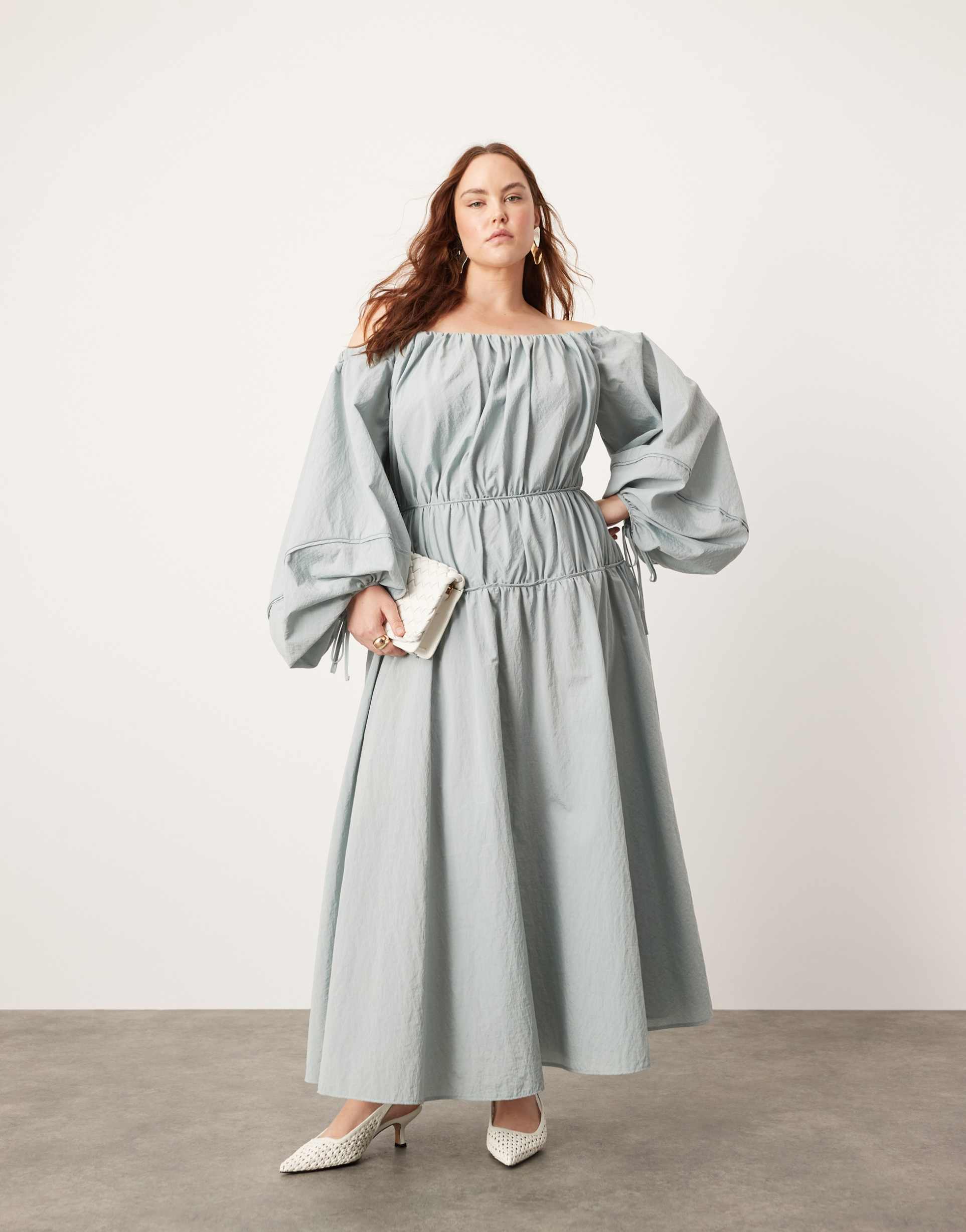 asos edition curve bardot pleat detail maxi dress with balloon sleeves in blue