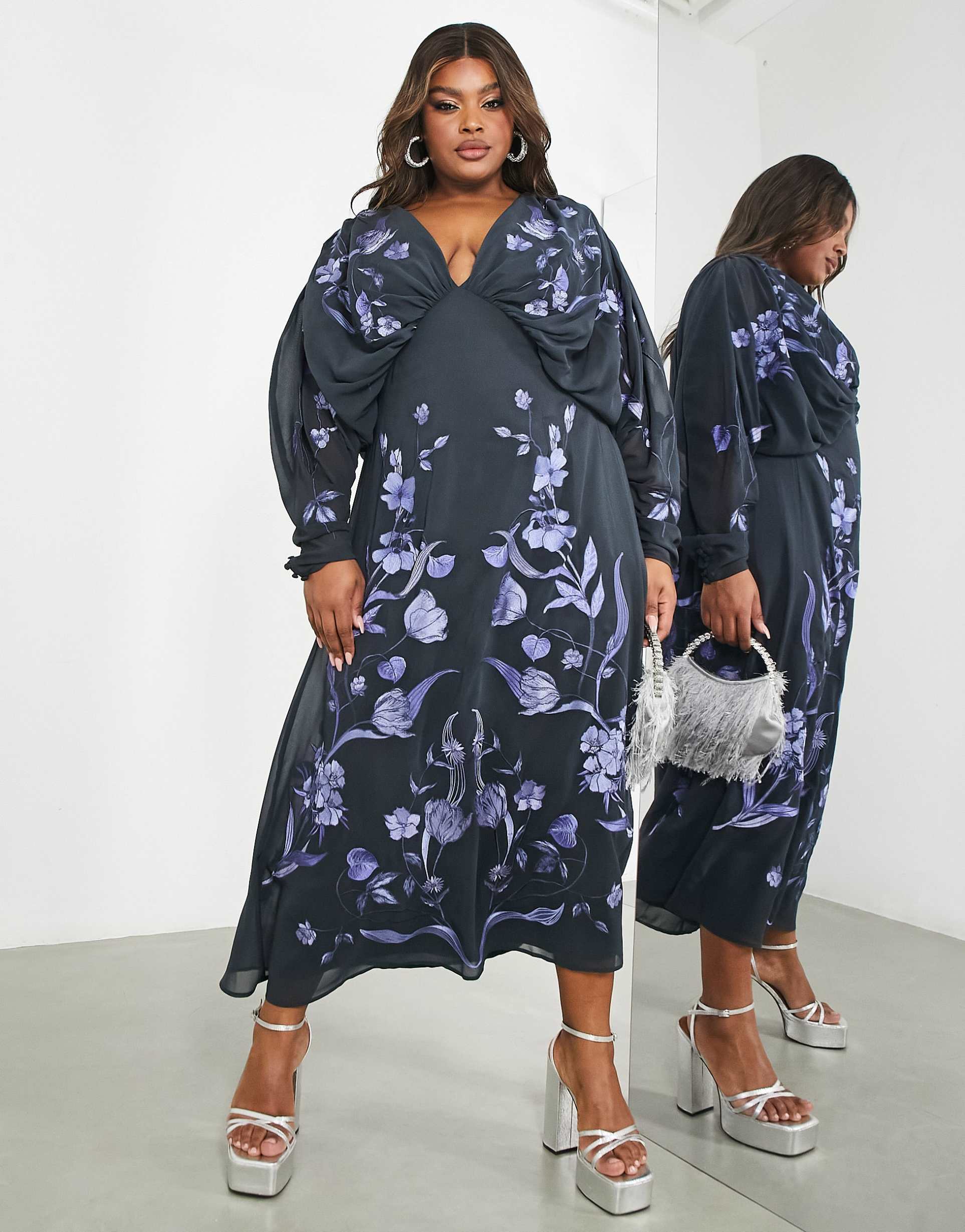 asos edition curve batwing chiffon midi dress with floral embroidery in petrol blue