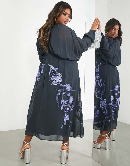 ASOS EDITION Curve batwing chiffon midi dress with floral embroidery in  petrol blue