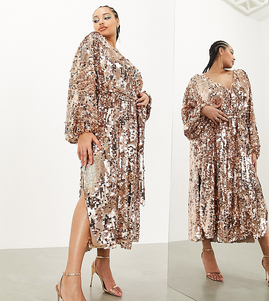 Asos Design Curve Batwing Sleeve Sequin Wrap Midi Dress In Gold