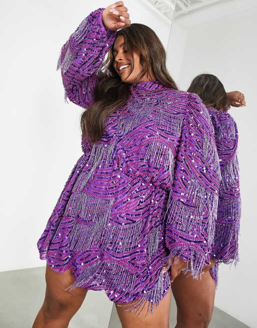 ASOS EDITION Curve beaded fringe and sequin mini dress with blouson sleeve in purple