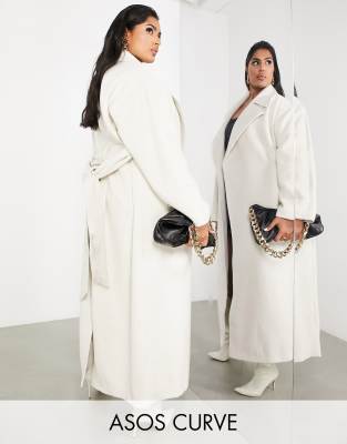 ASOS EDITION Curve belted longline wool mix coat in cream-White