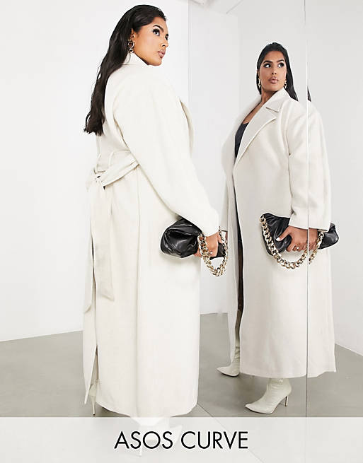 ASOS EDITION Curve belted longline wool mix coat in cream