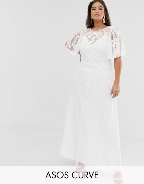 ASOS EDITION Curve – Besticktes Maxi-Hochzeitskleid mit Flatterärmeln