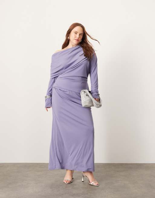 ASOS EDITION Curve – Blå, långärmad maxiklänning i jersey med slouchy-stil och design med flera lager