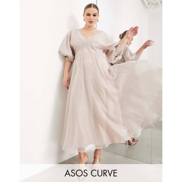 ASOS EDITION Curve blouson sleeve midi dress in organza check in blush |  ASOS
